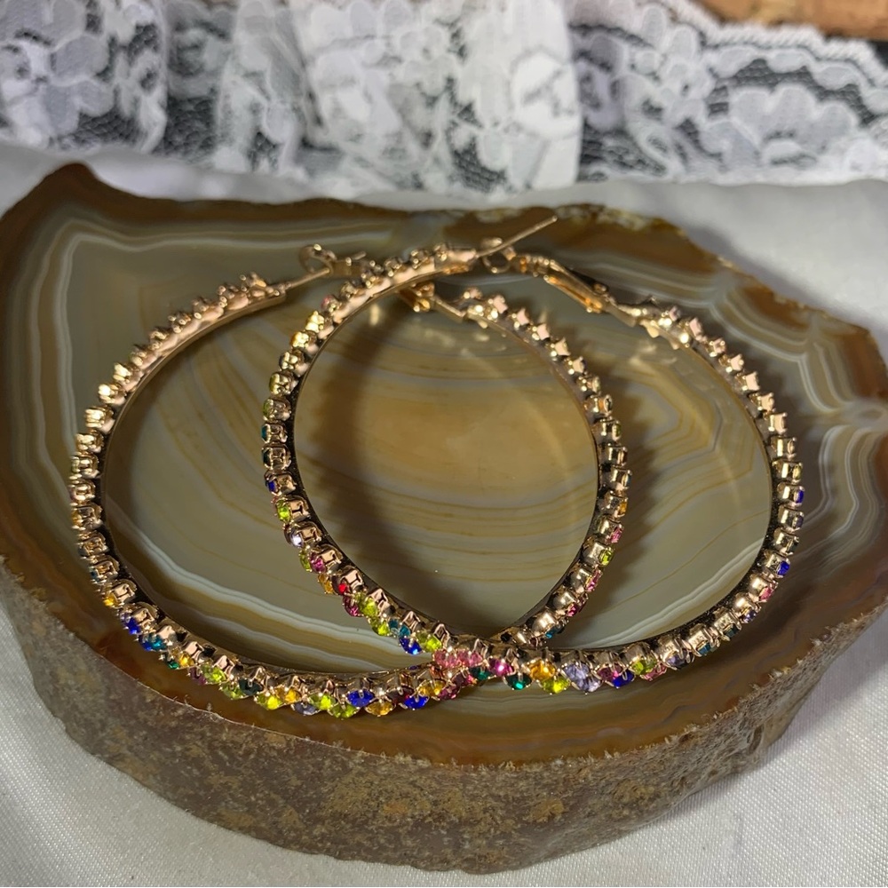 Gold Hoop Earrings with Multicolor Crystal Accents - 2.25"